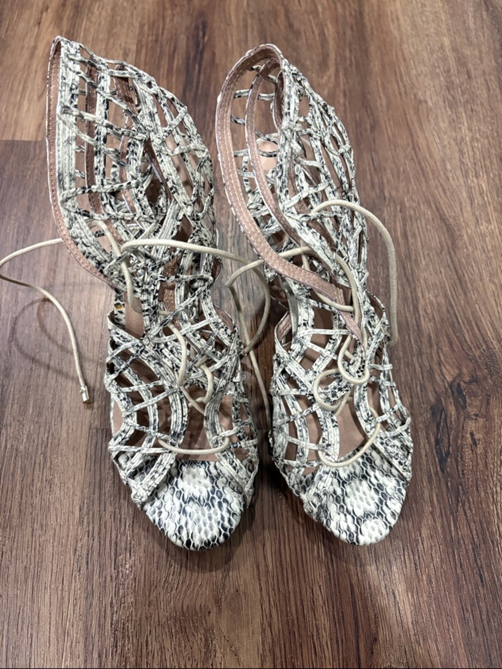 Joie Neutral Snakeskin Cage Lace-Up Heels